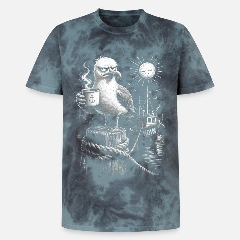 MOIN – Grumpy Seagull with Coffee - Unisex Premium Tie-Dye T-Shirt - Black/Blue