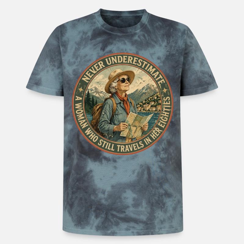 Baroudeuse de 80 ans : L'Aventure Continue - T-shirt tie-dye premium unisexe - noir/bleu