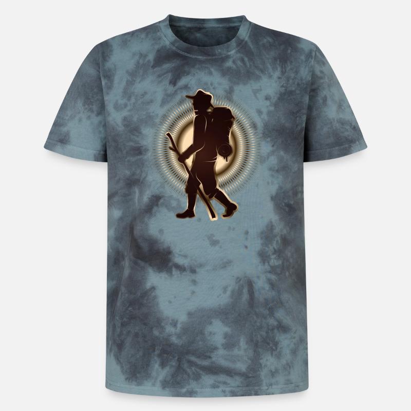 Pilger oder Wanderer mit Wanderstab & Rucksack - Unisex Premium Tie Dye T-Shirt - Schwarz/Blau