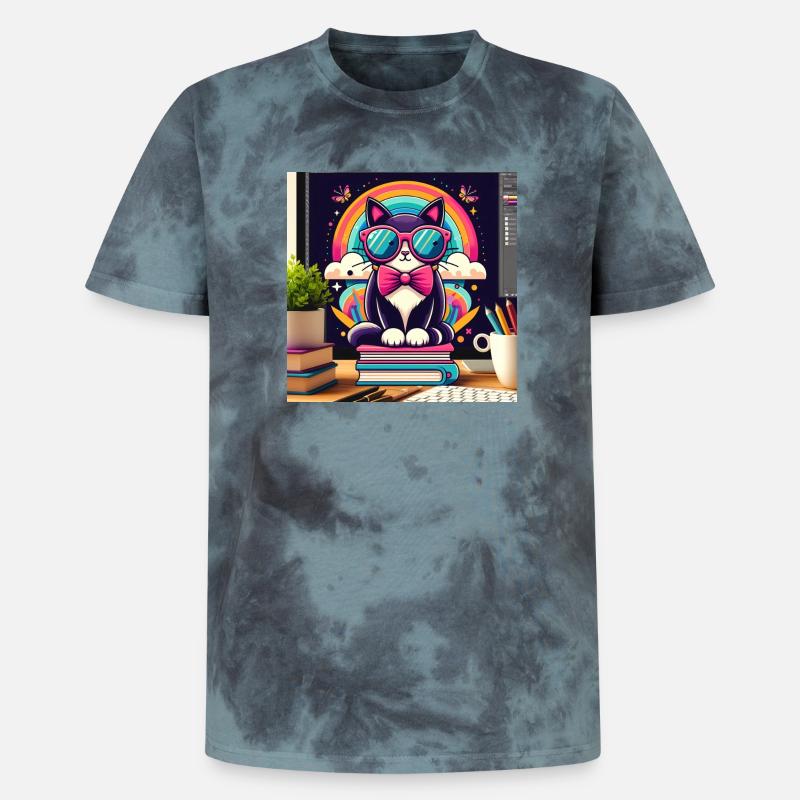 Chat studieux à lunettes - T-shirt tie-dye premium unisexe - noir/bleu