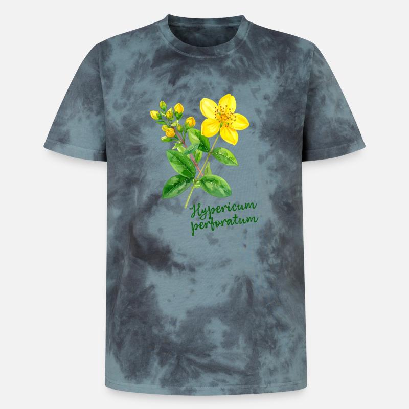 Hypericum perforatum - botanische Illustration - Unisex Premium Tie Dye T-Shirt - Schwarz/Blau