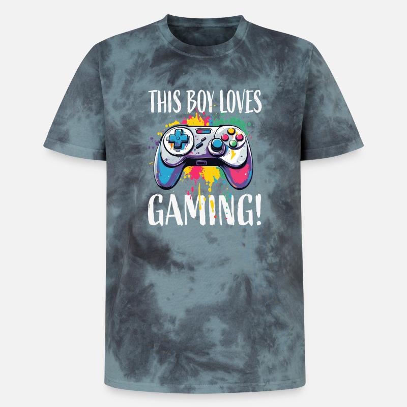 Junge liebt Gaming – bunte Controller-Splash - Unisex Premium Tie Dye T-Shirt - Schwarz/Blau