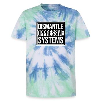 Dismantle Oppressive Systems Aktivismus Statement - Unisex Premium Tie Dye T-Shirt - Spiralblau - Vorne - AI Model Female 172 light (172cm) & AI Model Male 178 light (178cm)