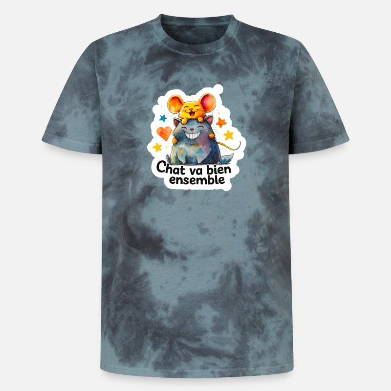 Chat et Souris Heureux Ensemble - T-shirt tie-dye premium unisexe - noir/bleu