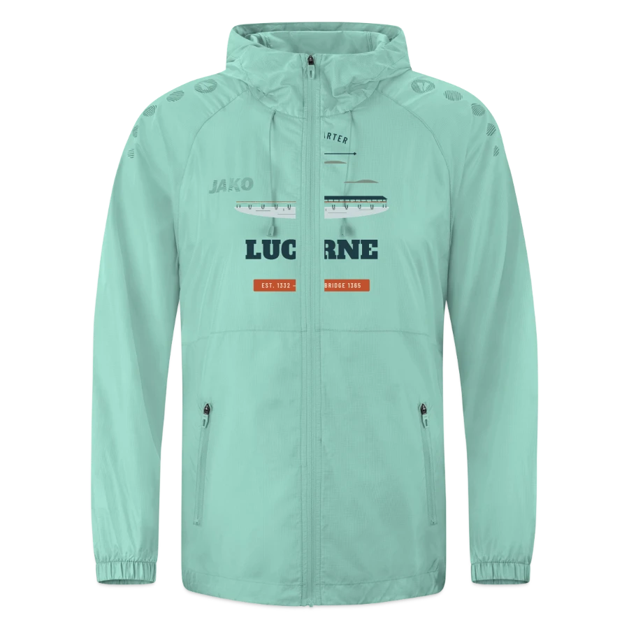 Lucerne badge on a jako lightweight jacket flow, mint