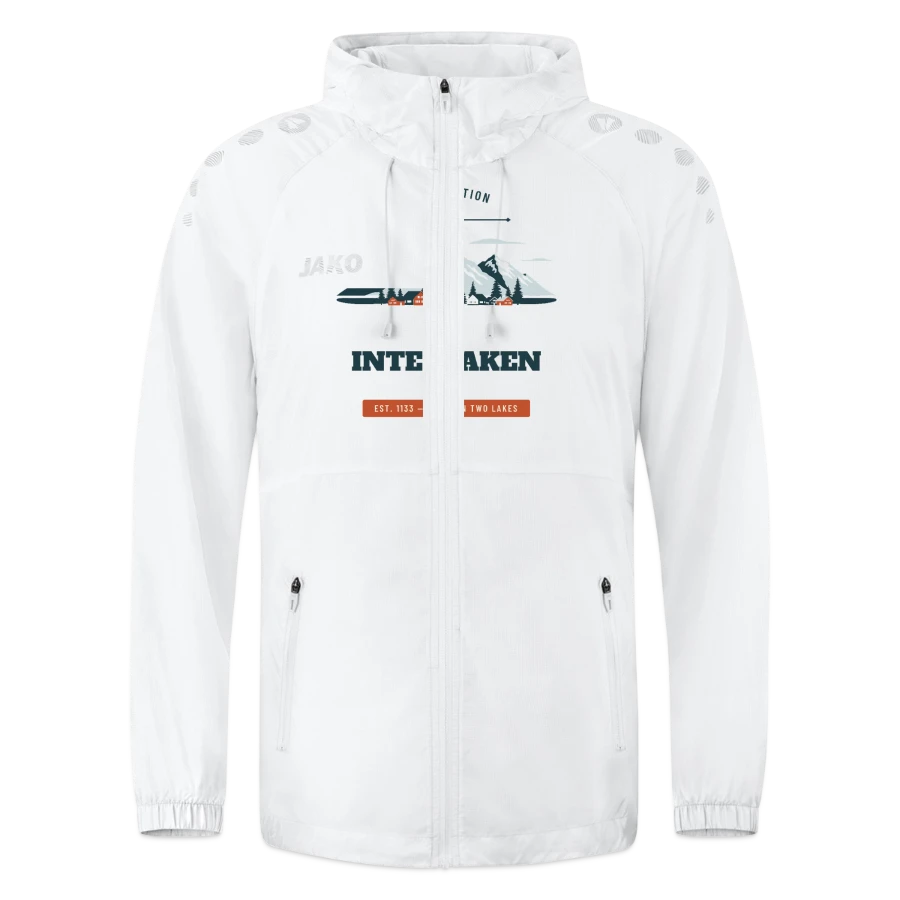 Interlaken badge on a jako lightweight jacket flow, white
