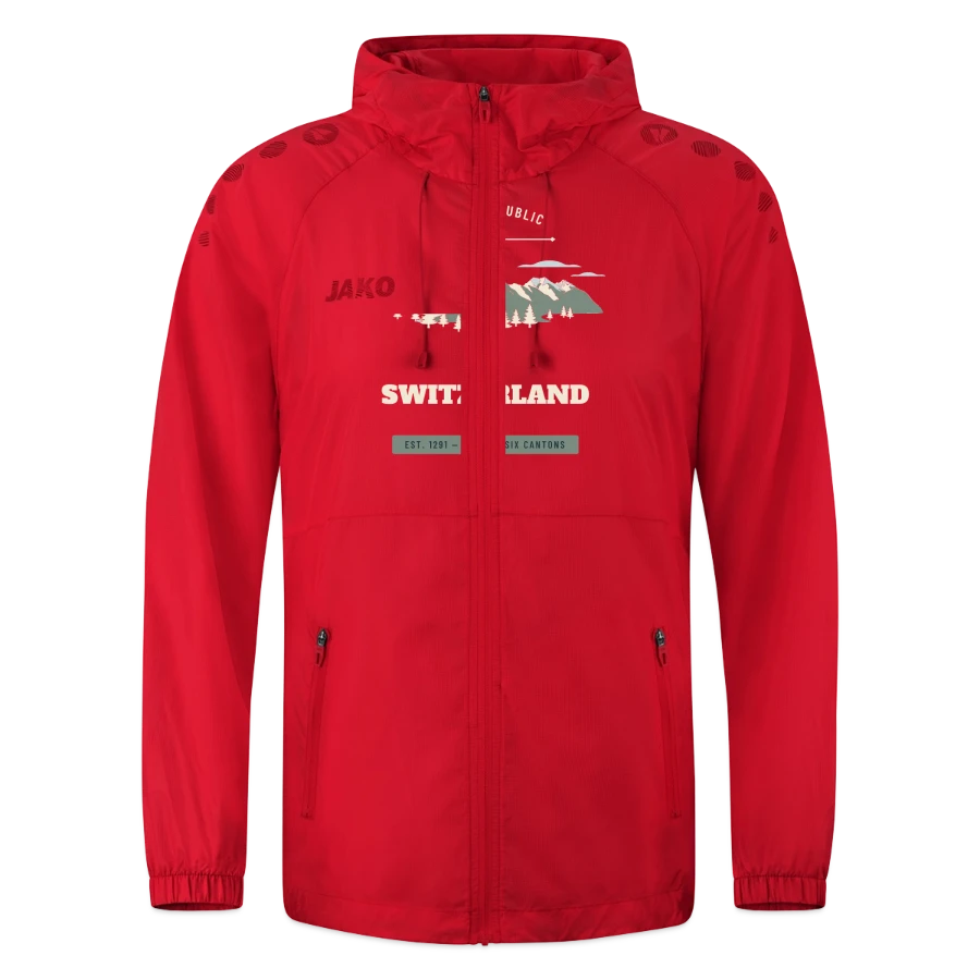 Switzerland badge on a jako lightweight jacket flow, red