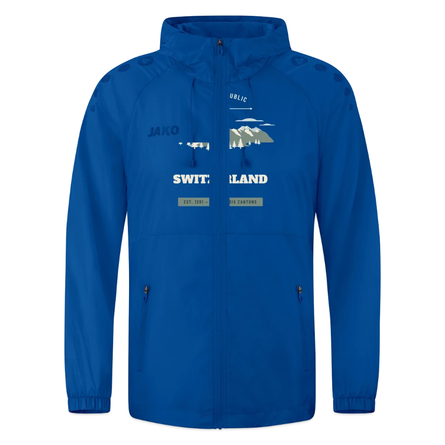 Switzerland badge on a jako lightweight jacket flow, deep royal