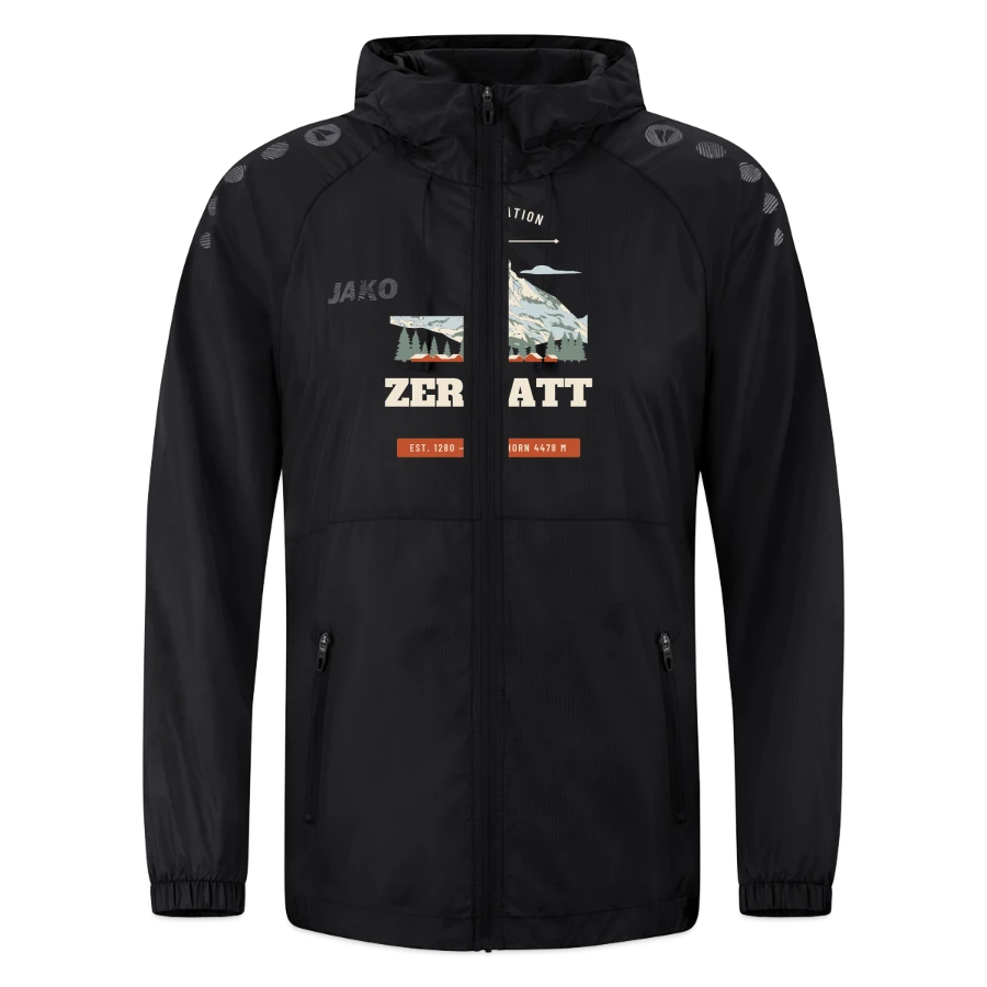 Zermatt badge on a jako lightweight jacket flow, black