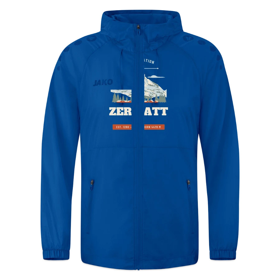 Zermatt badge on a jako lightweight jacket flow, deep royal