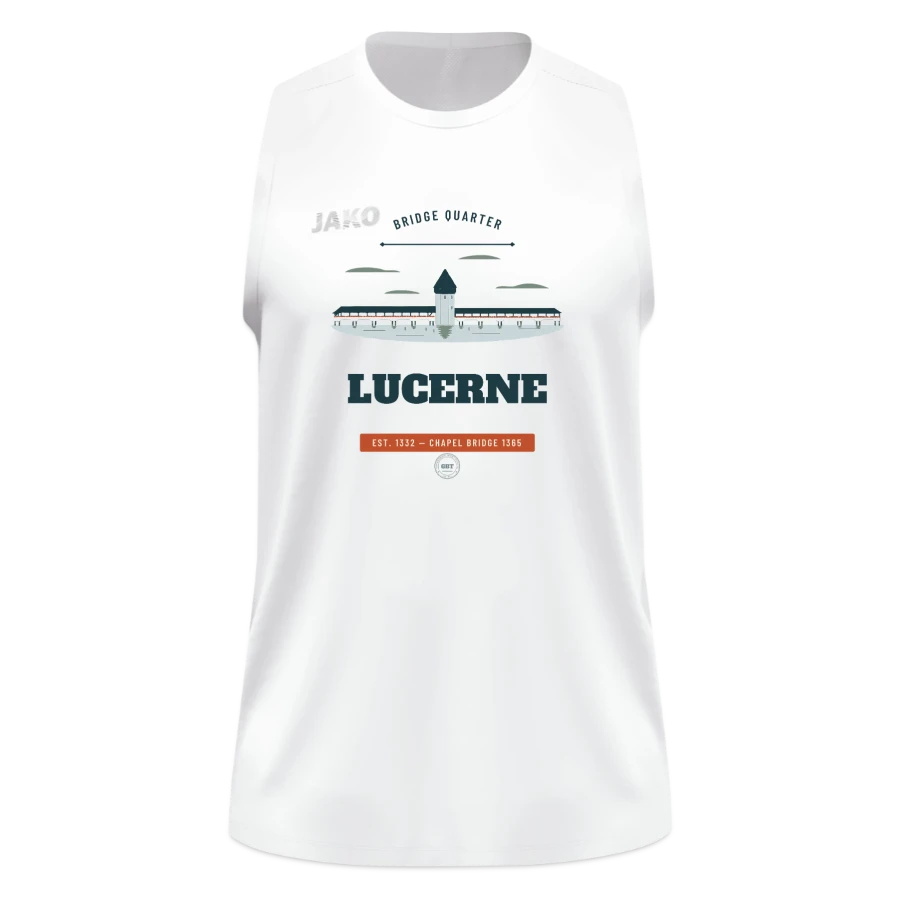 Lucerne badge on a jako tanktop light flow, white