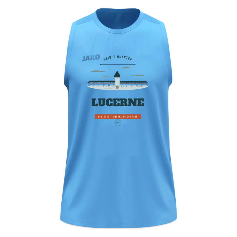 Lucerne badge on a jako tanktop light flow, sky blue