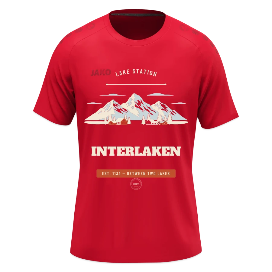 Interlaken badge on a jako kids t-shirt light flow, red