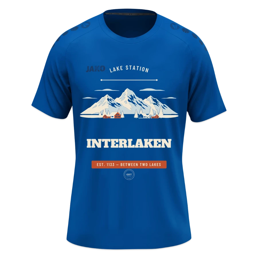 Interlaken badge on a jako kids t-shirt light flow, deep royal