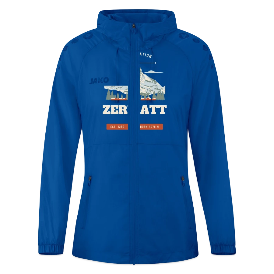 Zermatt badge on a jako women's lightweight jacket flow, deep royal