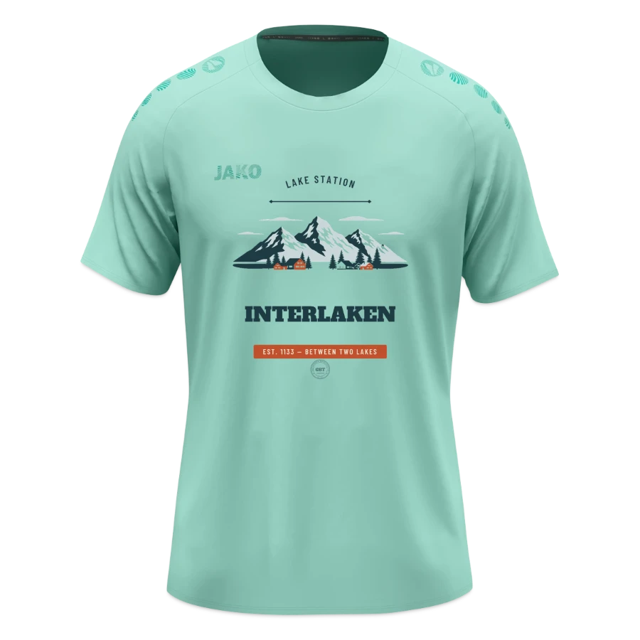 Interlaken badge on a jako t-shirt light flow , mint