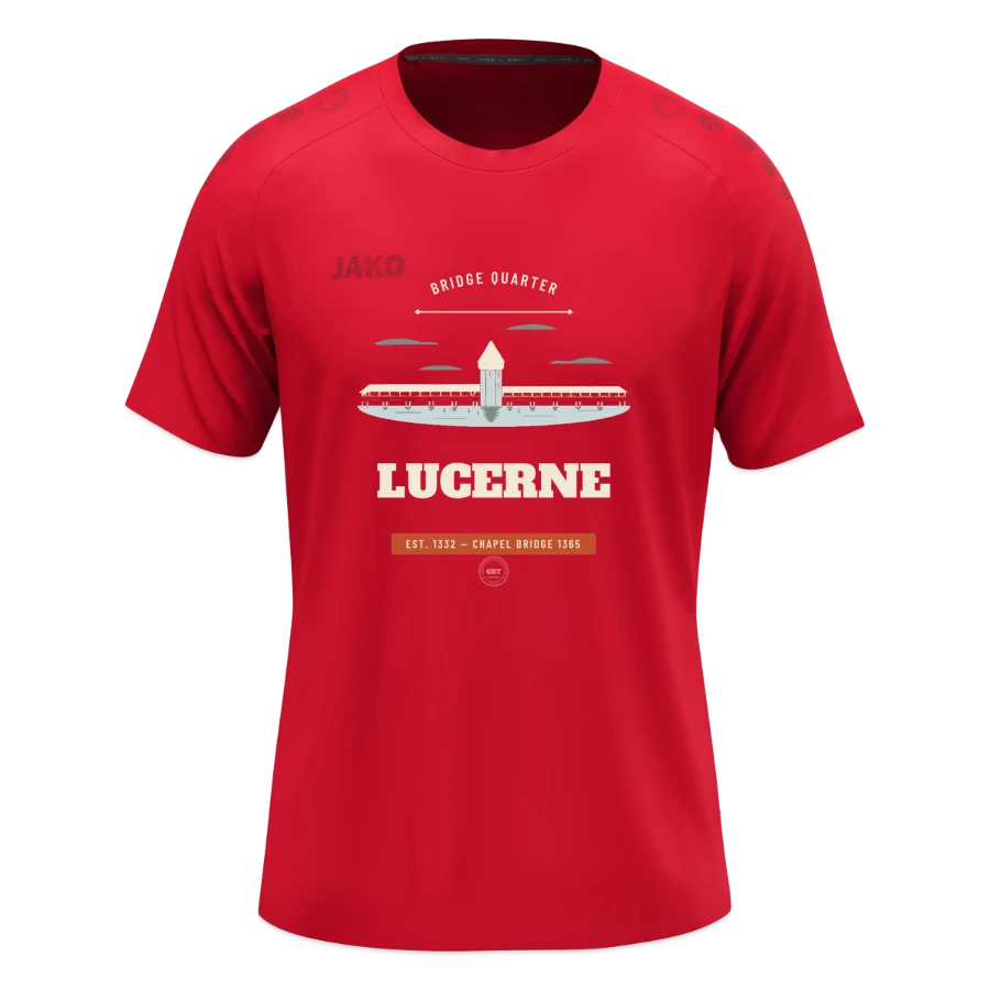 Lucerne badge on a jako t-shirt light flow , red