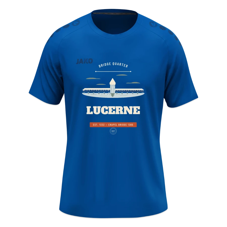 Lucerne badge on a jako t-shirt light flow , deep royal