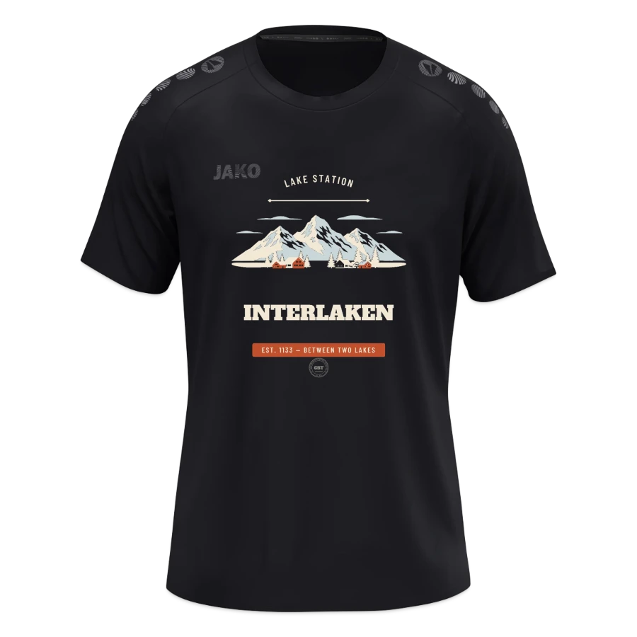 Interlaken badge on a jako t-shirt light flow , black