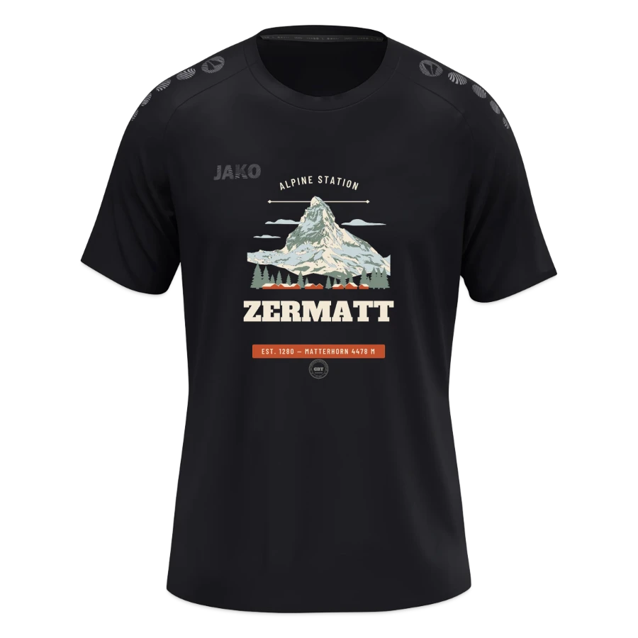 Zermatt badge on a jako t-shirt light flow , black