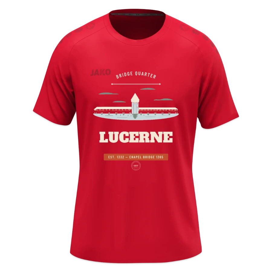 Lucerne badge on a jako teenager t-shirt light flow , red