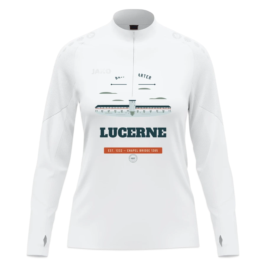 Lucerne badge on a jako women's ziptop light flow, white