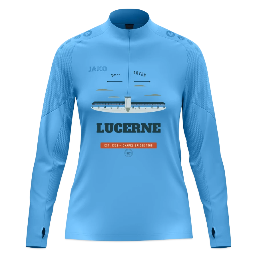 Lucerne badge on a jako women's ziptop light flow, sky blue