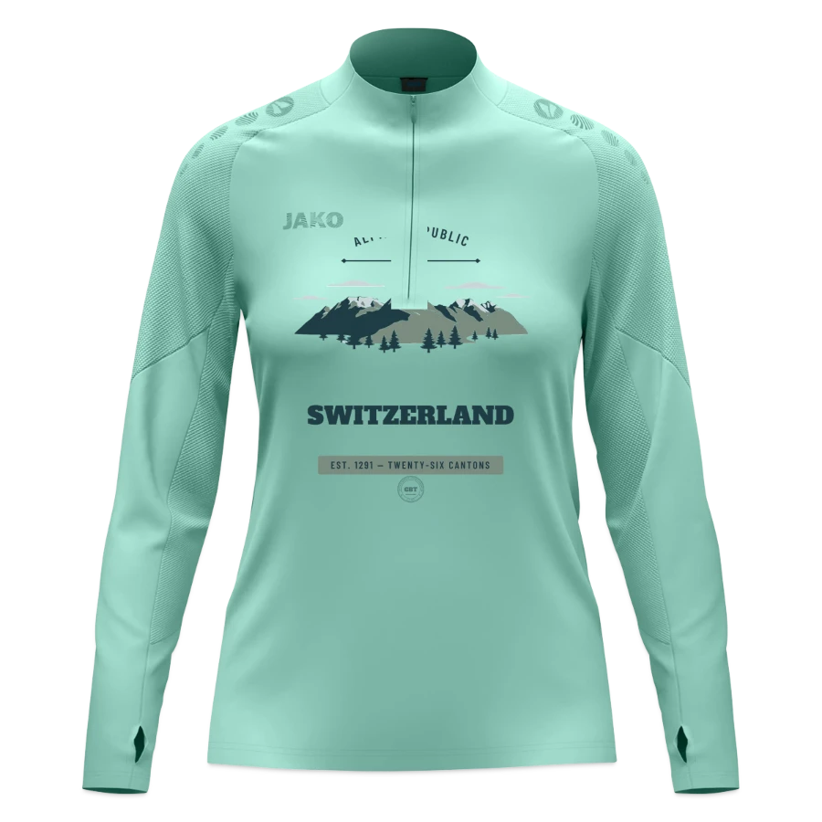 Switzerland badge on a jako women's ziptop light flow, mint