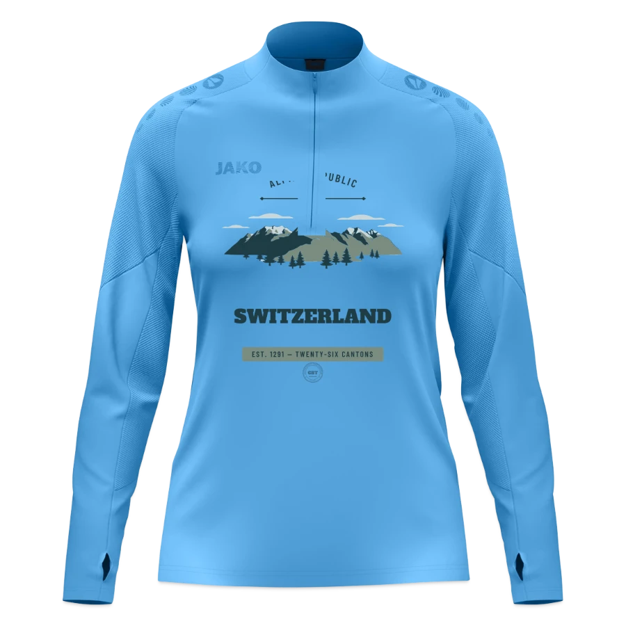 Switzerland badge on a jako women's ziptop light flow, sky blue