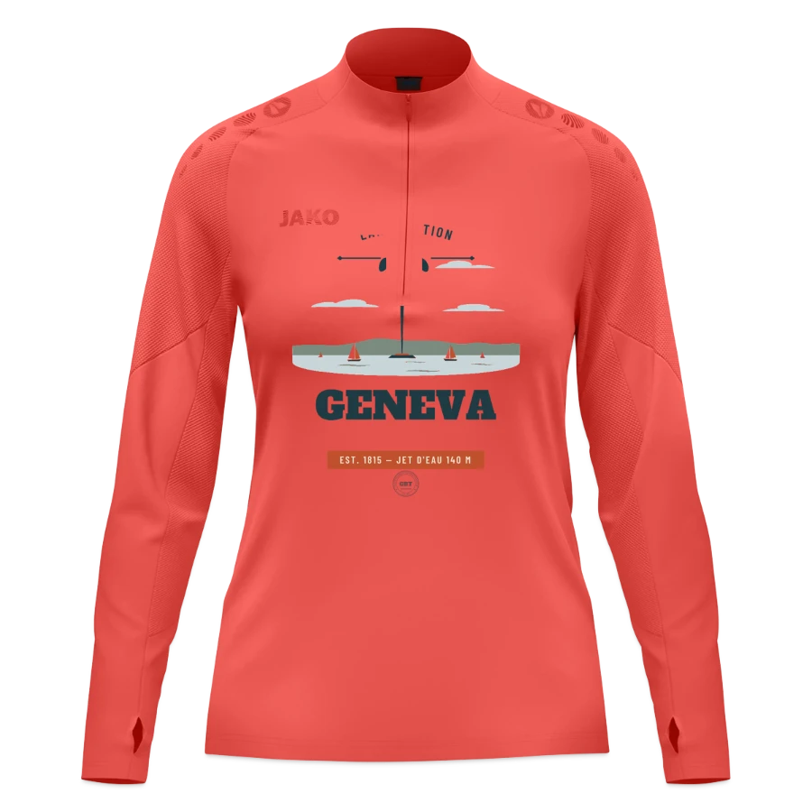 Geneva badge on a jako women's ziptop light flow, coral