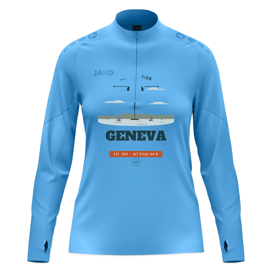 Geneva badge on a jako women's ziptop light flow, sky blue