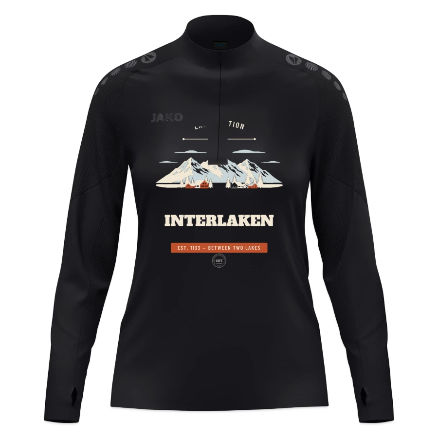 Interlaken badge on a jako women's ziptop light flow, black