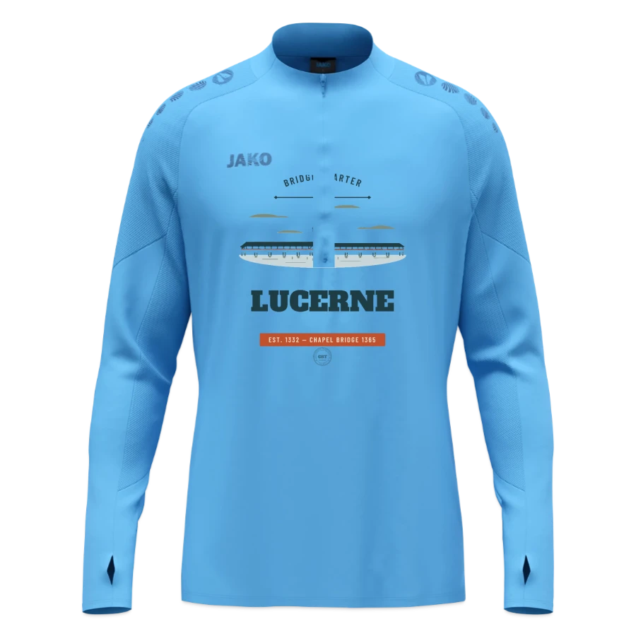 Lucerne badge on a jako ziptop light flow, sky blue