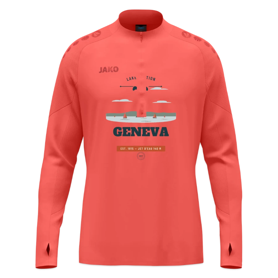 Geneva badge on a jako ziptop light flow, coral