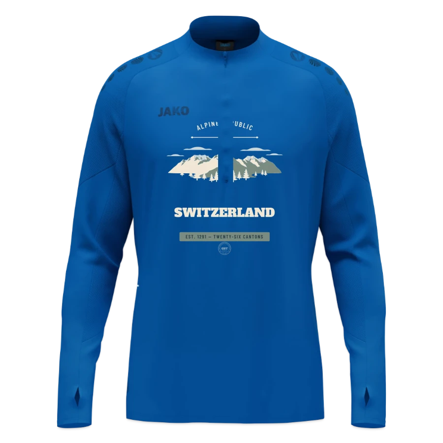 Switzerland badge on a jako ziptop light flow, deep royal