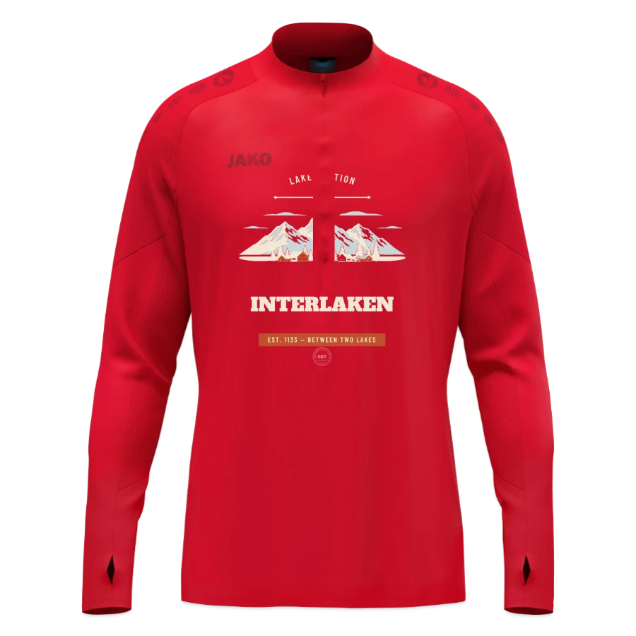 Interlaken badge on a jako ziptop light flow, red