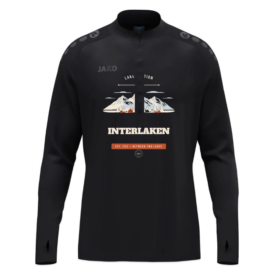 Interlaken badge on a jako ziptop light flow, black