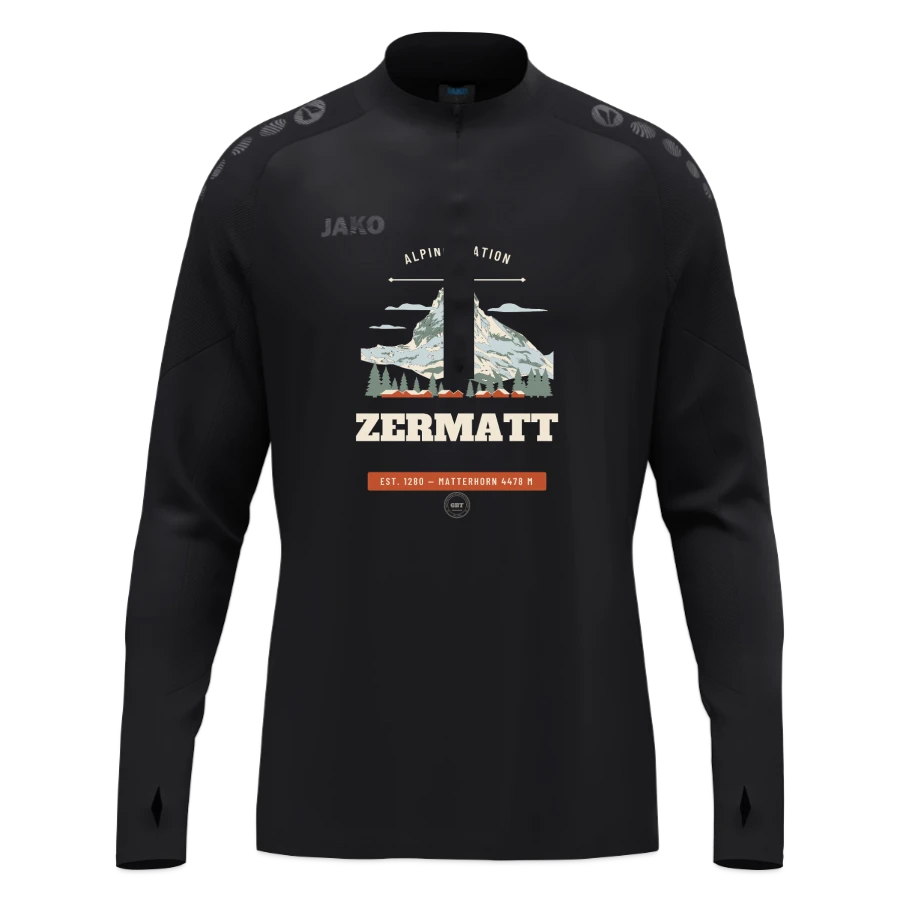Zermatt badge on a jako ziptop light flow, black