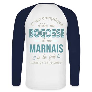 marne bogosse marnais cadeau pour Marnais - T-shirt baseball manches longues Homme - blanc/marine - Dos - Nik (191cm)