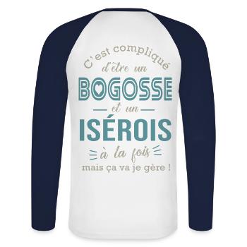 Isére bogosse Isérois cadeau pour Isérois - T-shirt baseball manches longues Homme - blanc/marine - Dos - Nik (191cm)