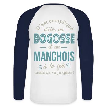 manche bogosse Manchois cadeau pour Manchois - T-shirt baseball manches longues Homme - blanc/marine - Dos - Nik (191cm)