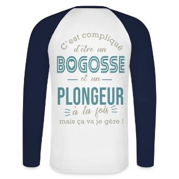 plongée bogosse plongeur Cadeau humour plongee - T-shirt baseball manches longues Homme - blanc/marine - Dos - Nik (191cm)