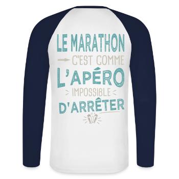 Le marathon c'est comme l'apéro Humour running - T-shirt baseball manches longues Homme - blanc/marine - Dos - Nik (191cm)