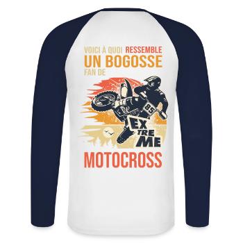 moto bogosse fan de motocross drôle motard biler - T-shirt baseball manches longues Homme - blanc/marine - Dos - Nik (191cm)