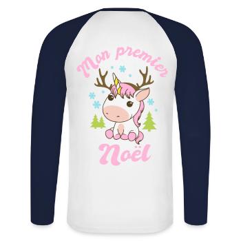 Mon premier noël naissance bébe fille grossesse - T-shirt baseball manches longues Homme - blanc/marine - Dos - Nik (191cm)