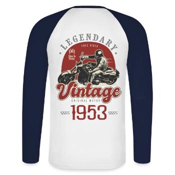 1953 Jubiläum 70 Jahre Vintage Biker Motorrad - Unisex Baseballshirt langarm - Weiß/Navy - Hinten - Nik (191cm)