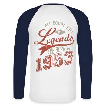 Legends are born in 1953 anniversary 70 years - Unisex Long Sleeve Baseball T-Shirt - white/navy - Back - Nik (191cm)