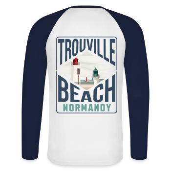 Trouville beach Normandy blc - T-shirt baseball manches longues Homme - blanc/marine - Dos - Nik (191cm)