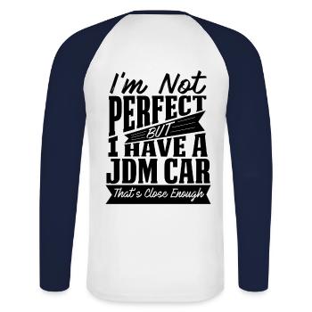 PERFECT WITH JDM - Unisex Long Sleeve Baseball T-Shirt - white/navy - Back - Nik (191cm)