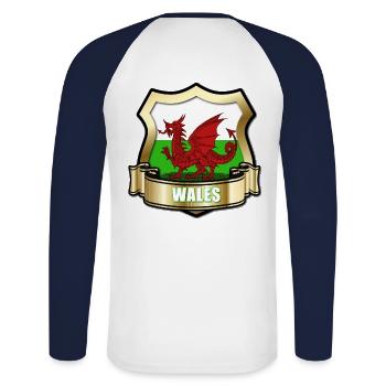 Welsh Flag of Wales Gold Shield & Red Dragon - Unisex Long Sleeve Baseball T-Shirt - white/navy - Back - Nik (191cm)